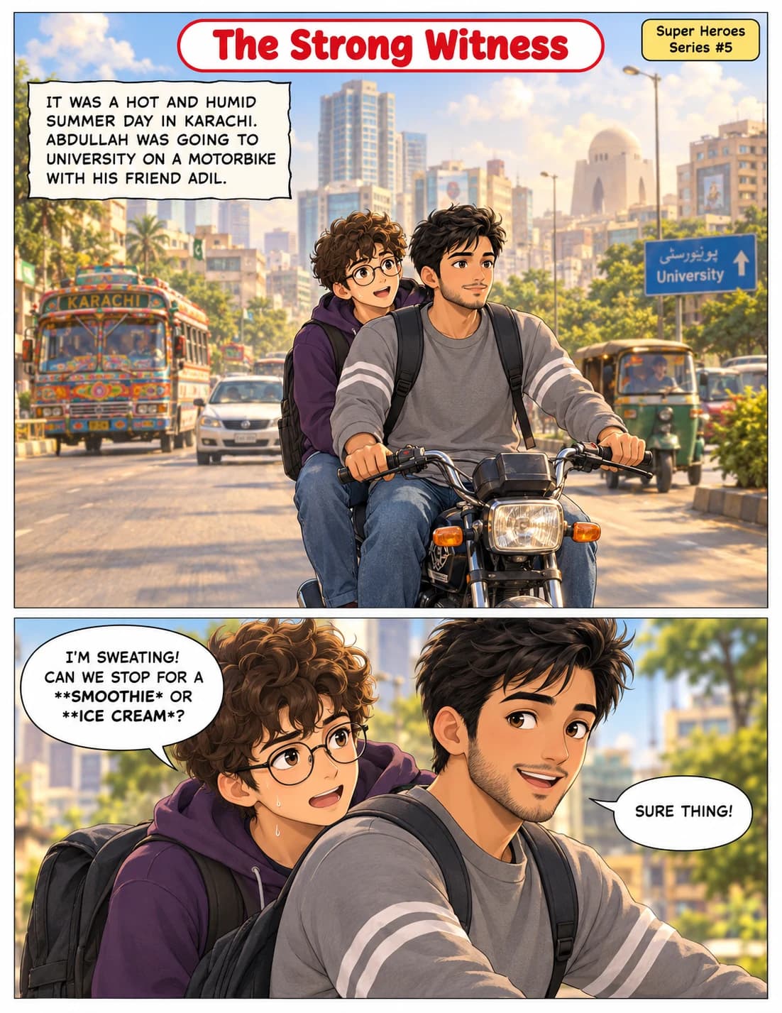 Two friends riding a motorcycle through Karachi, illustrated in comic panels
