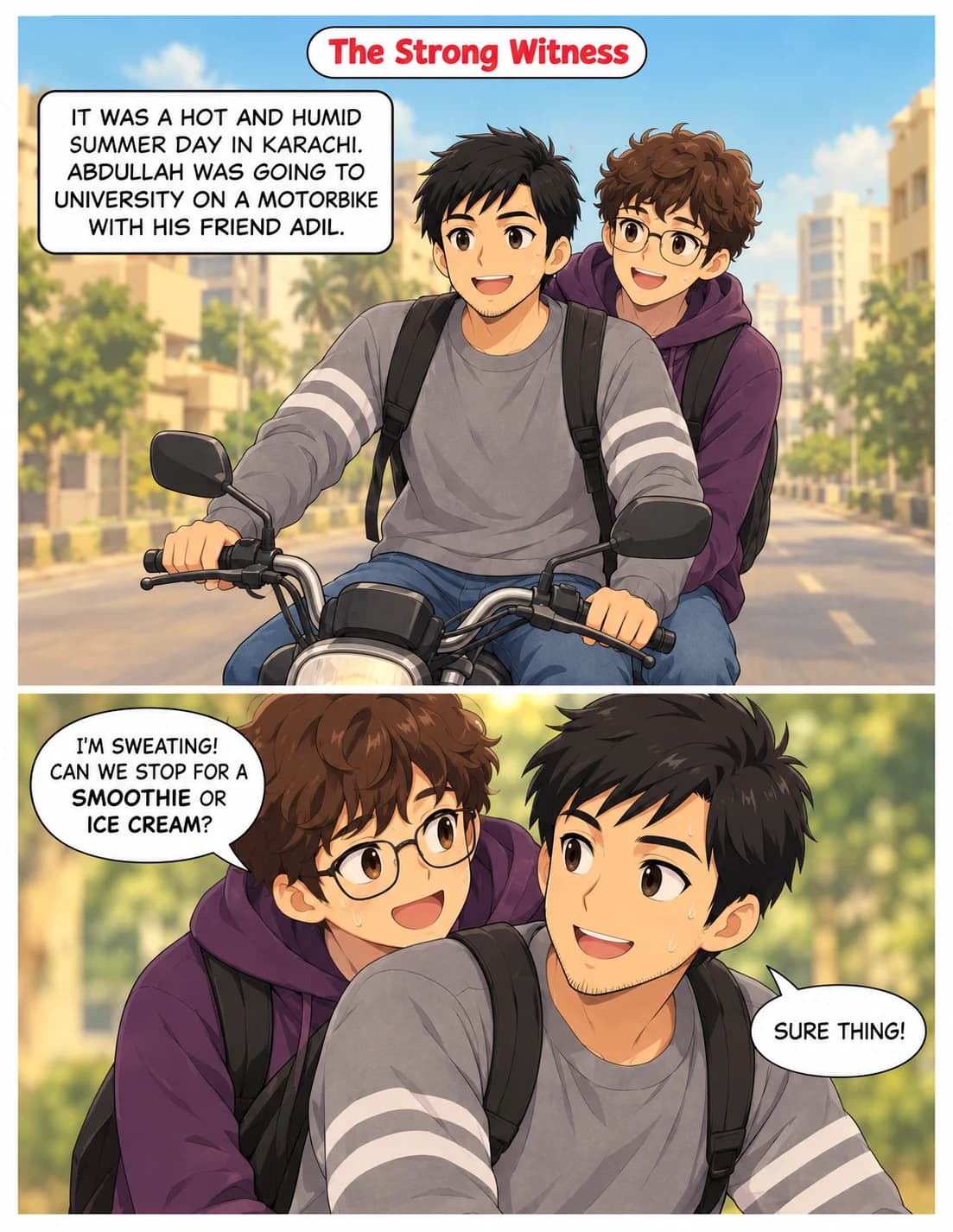 Two friends on a summer motorcycle ride, illustrated in comic panels